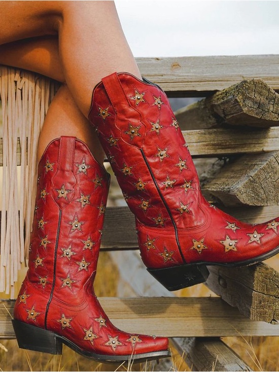 Black Star Shoes - Red Star-Studded Leather Cowboy Boots - Women